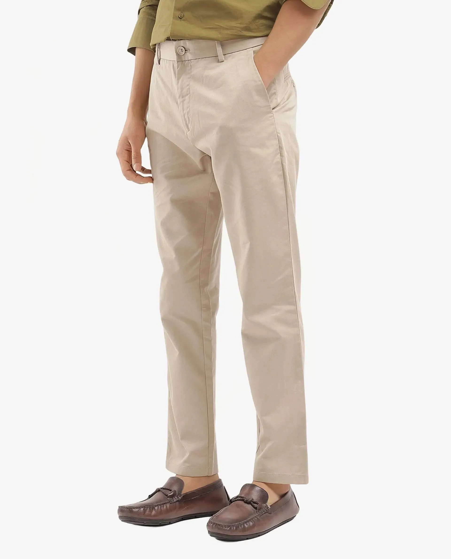 Rare Rabbit Men Ebert Beige Cotton Fabric Button Closure Mid Rise Regular Fit Plain Trouser