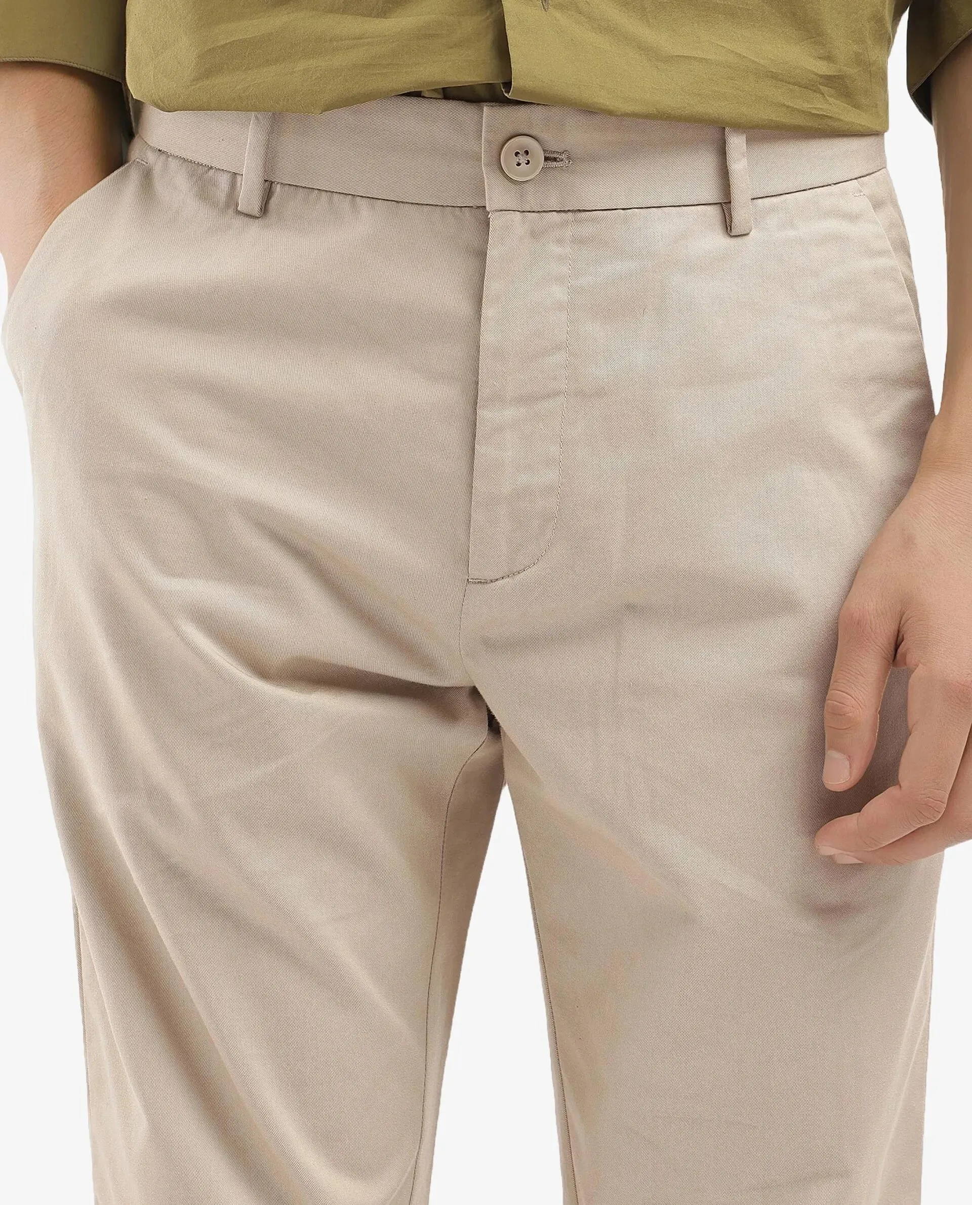 Rare Rabbit Men Ebert Beige Cotton Fabric Button Closure Mid Rise Regular Fit Plain Trouser