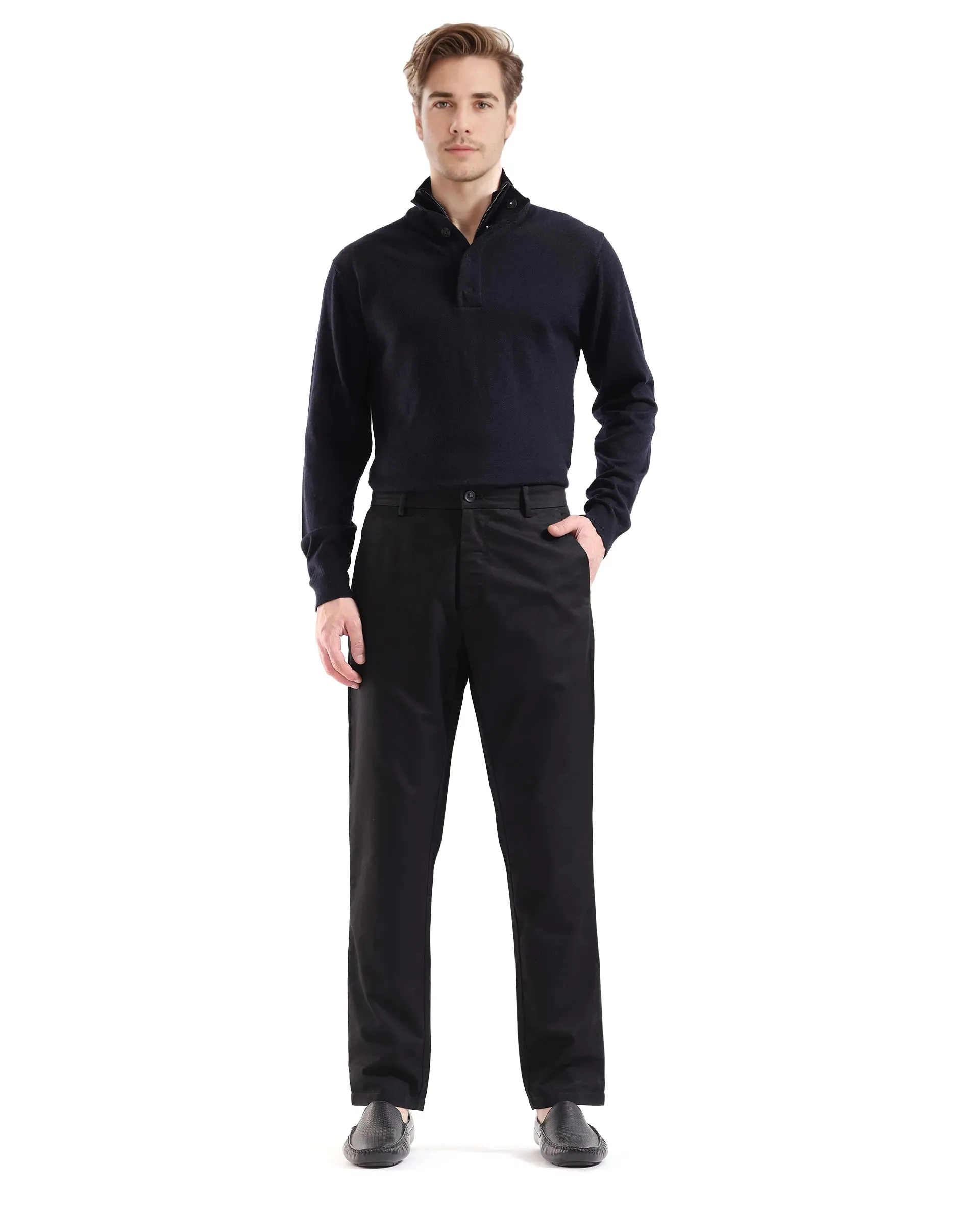 Rare Rabbit Men Ebert Black Cotton Fabric Button Closure Mid Rise Regular Fit Plain Trouser