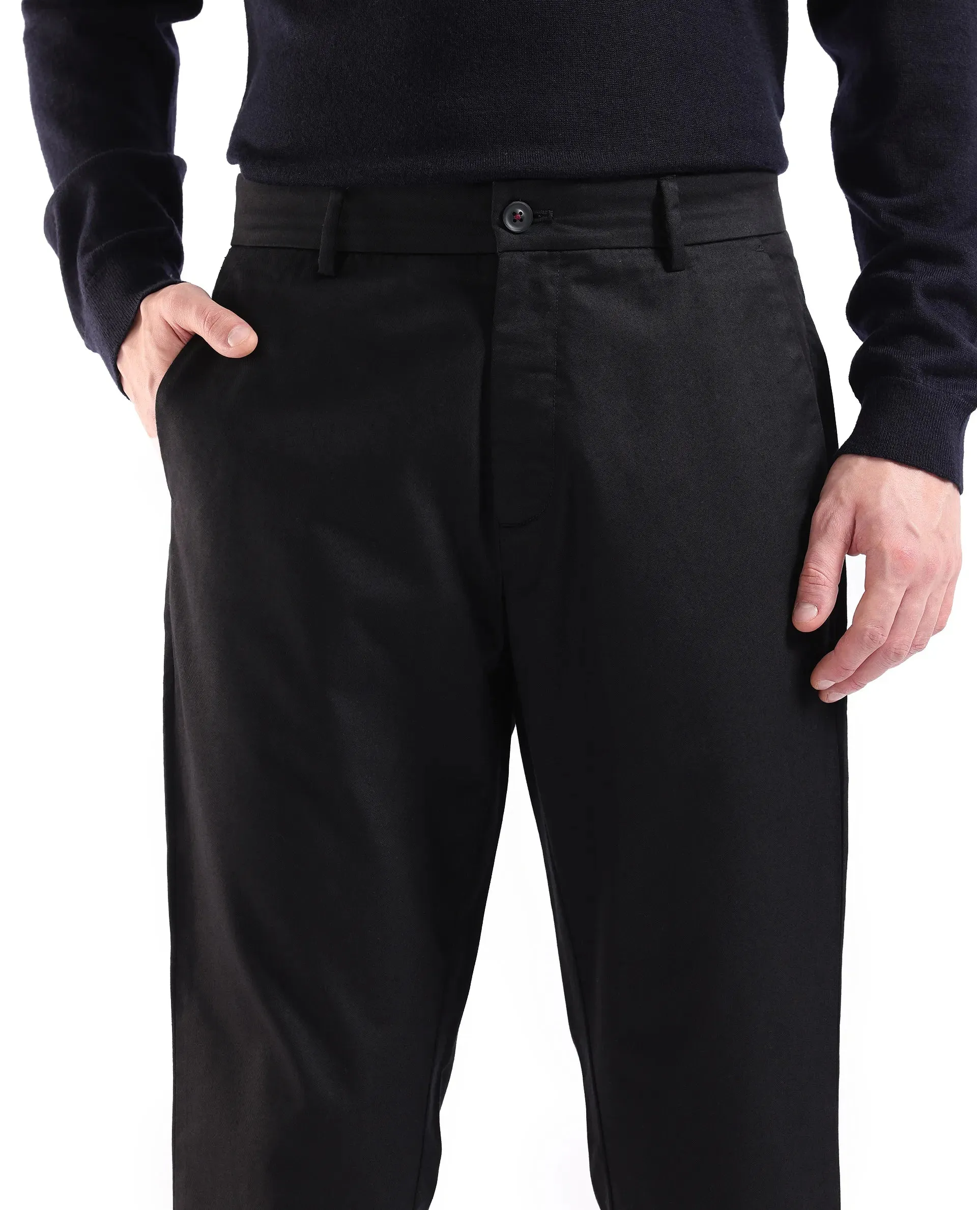 Rare Rabbit Men Ebert Black Cotton Fabric Button Closure Mid Rise Regular Fit Plain Trouser