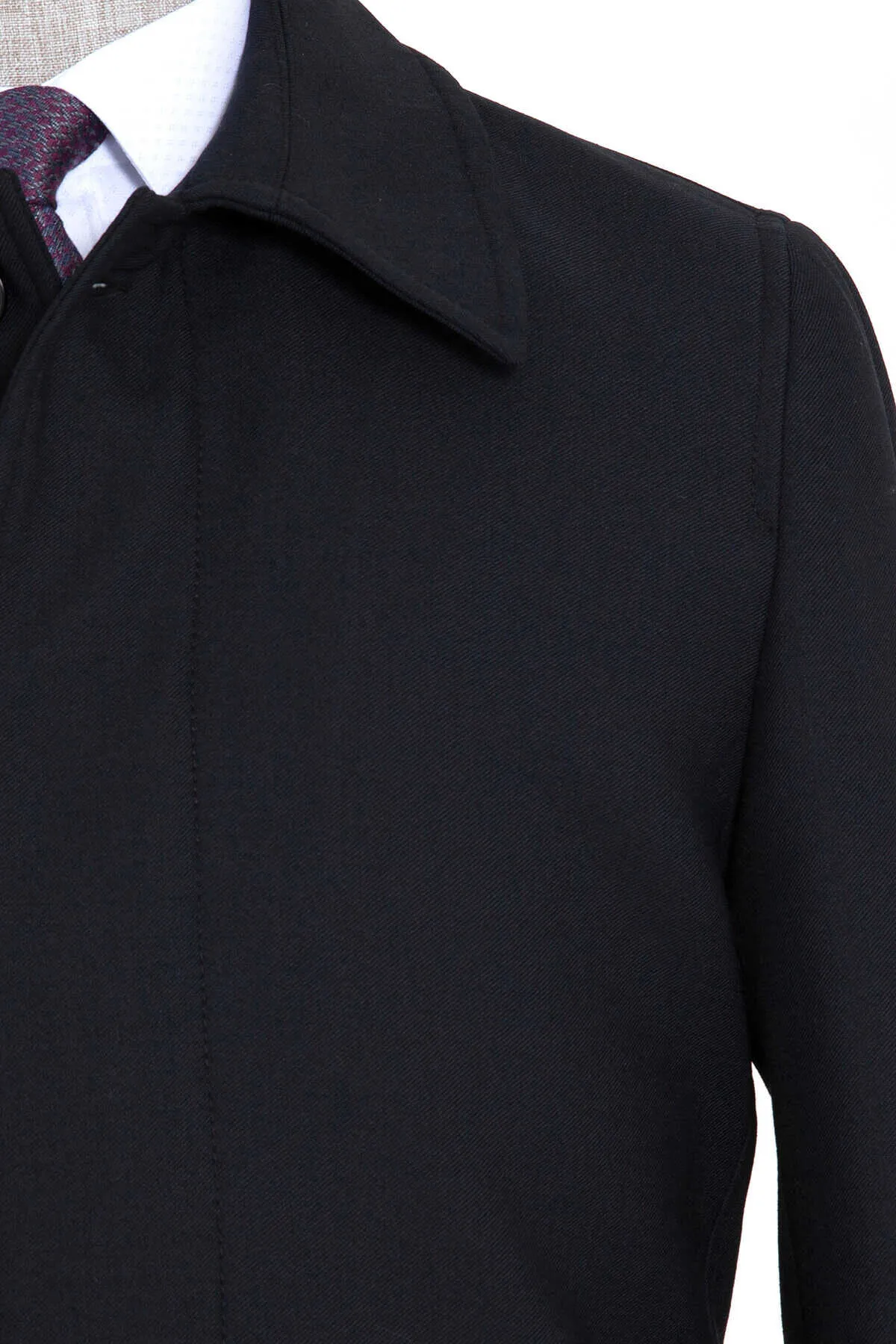 Regular Fit Flat Collar Wool Blend Black Overcoat