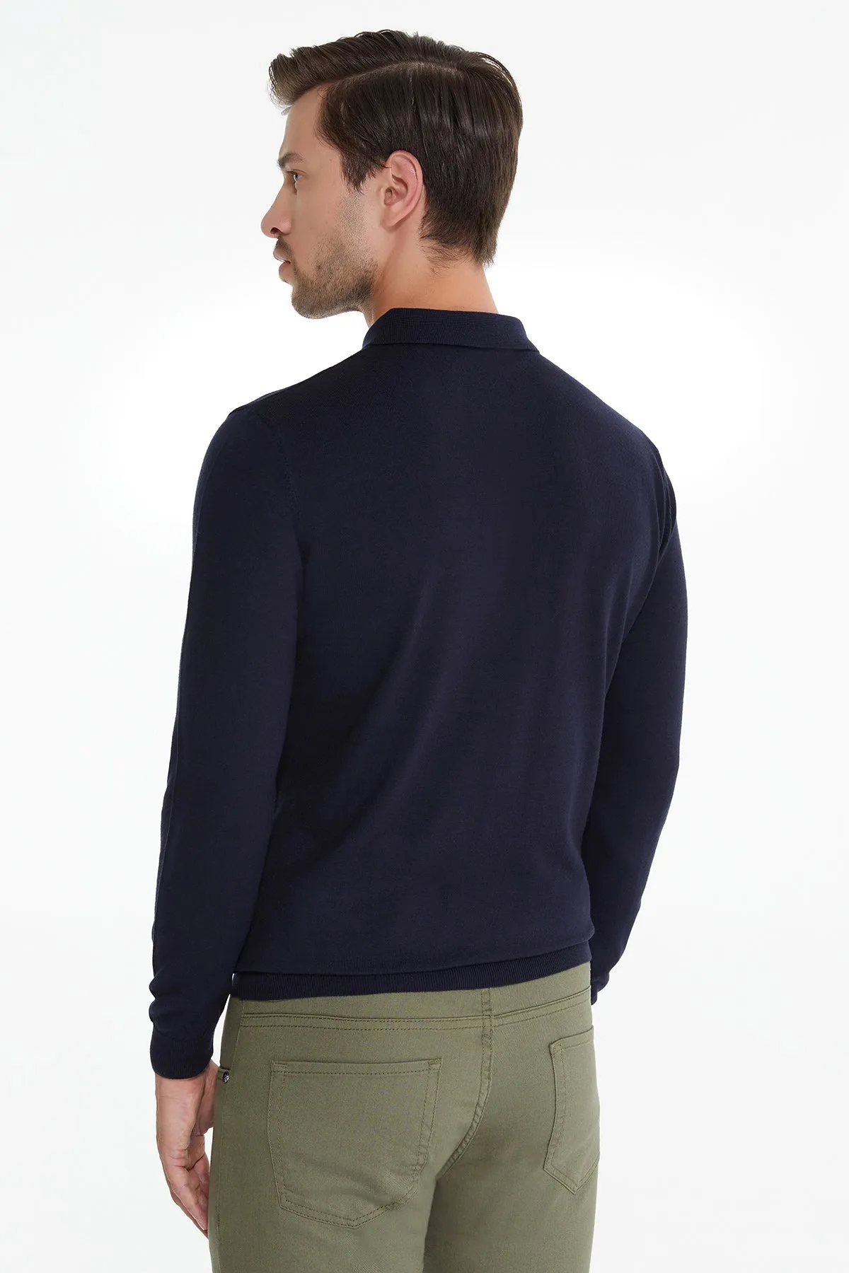 Regular Fit Plain Cotton Blend Navy Polo Sweater