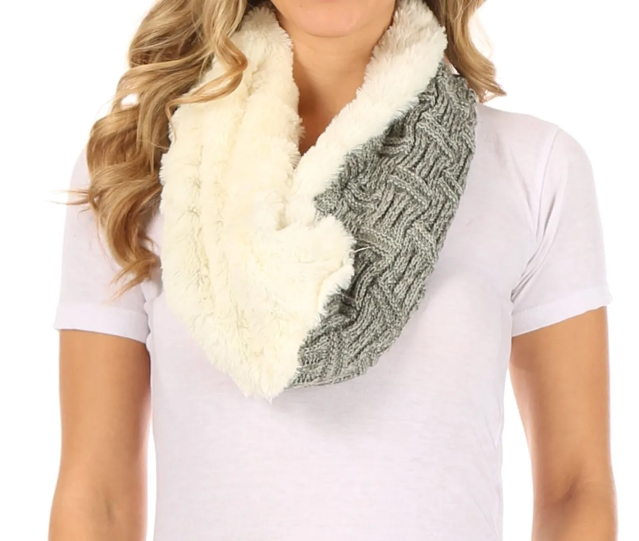 Sakkas Dalien Short Length Two Sided Faux Fur Ribbed Cable Knit Infinity Scarf