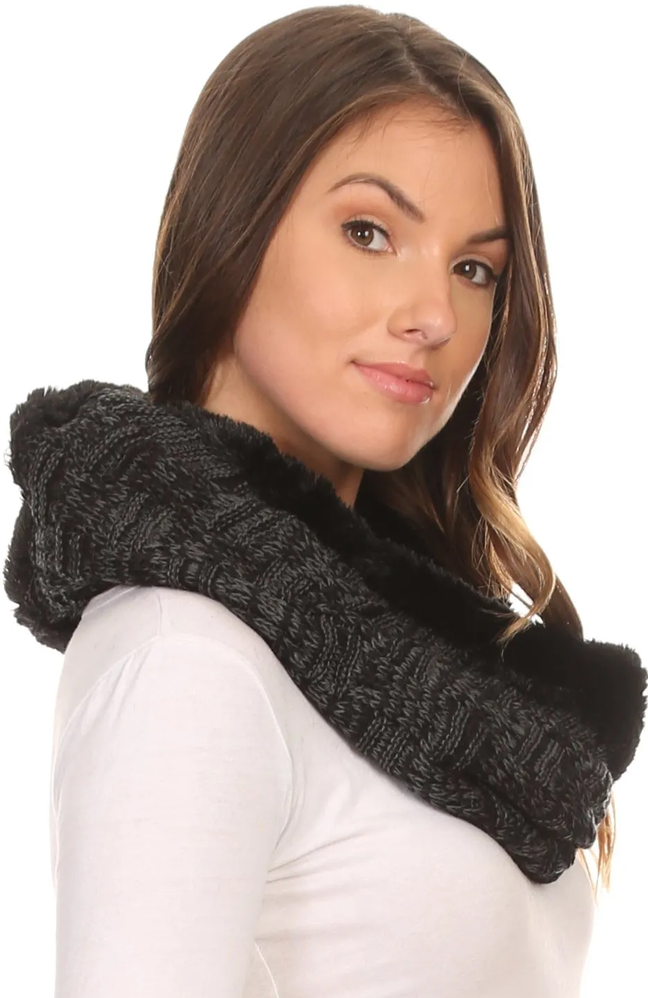 Sakkas Dalien Short Length Two Sided Faux Fur Ribbed Cable Knit Infinity Scarf