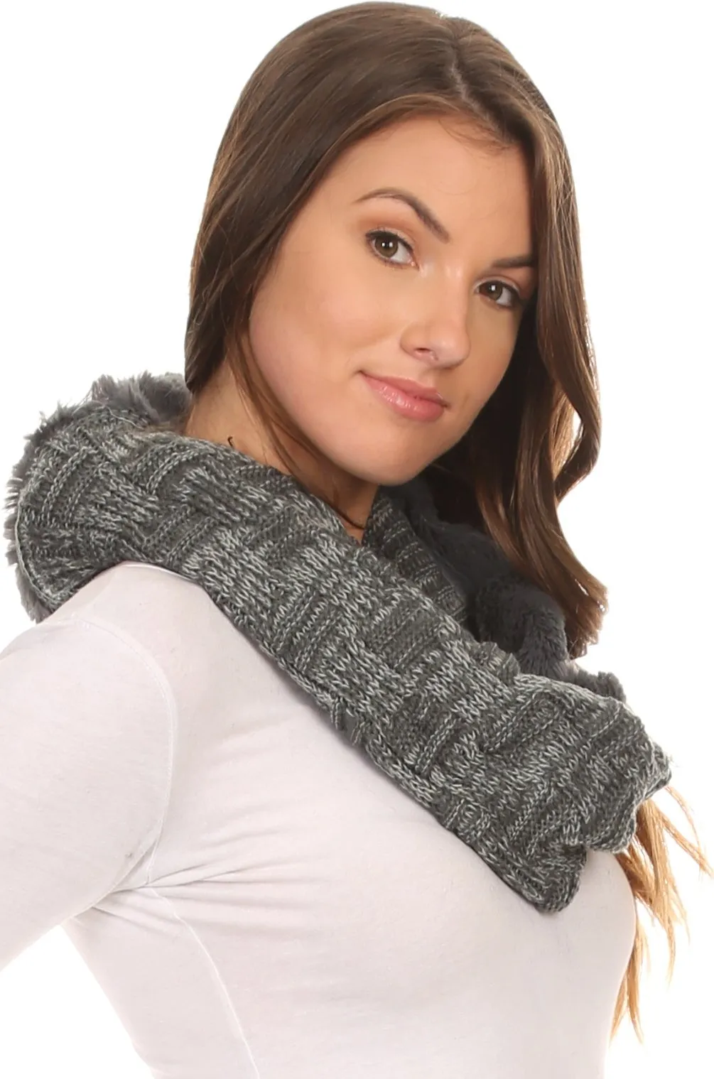 Sakkas Dalien Short Length Two Sided Faux Fur Ribbed Cable Knit Infinity Scarf