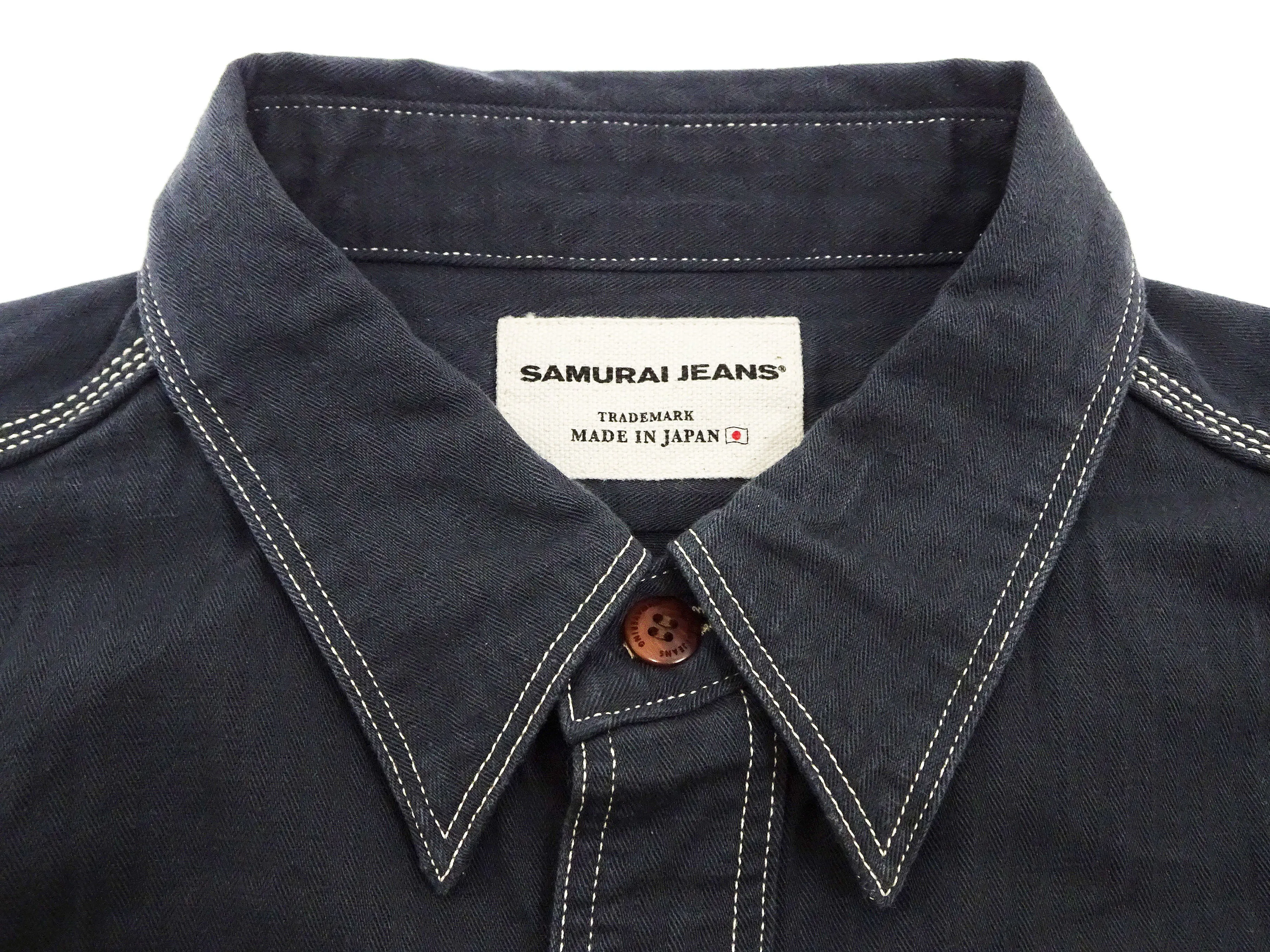 Samurai Jeans Herringbone Shirt Men's Long Sleeve Sulfur-Dyed Selvage HBT Button Up Work Shirt SJCBS24-HB Blackish-Navy-Blue