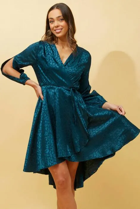 Satin Wrap Dress With Tie Sleeve - Emerald