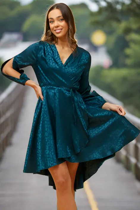 Satin Wrap Dress With Tie Sleeve - Emerald