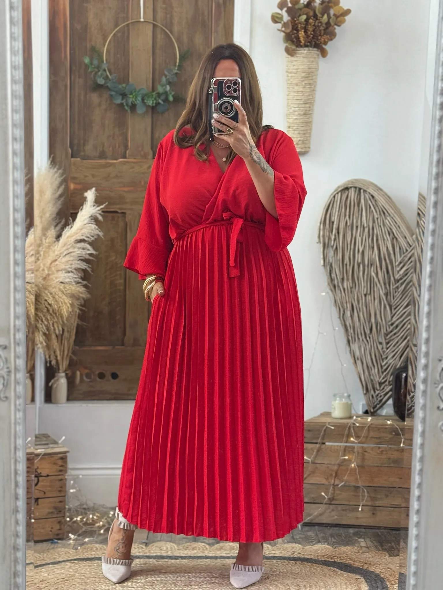 Scarlet Red Rowan Pleated Midaxi Dress