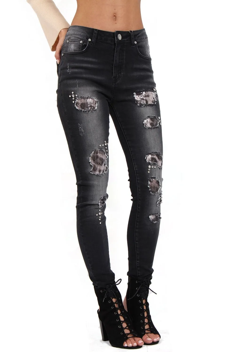 Sequin Leopard Print Ripped Knee High Waist Skinny Jeans