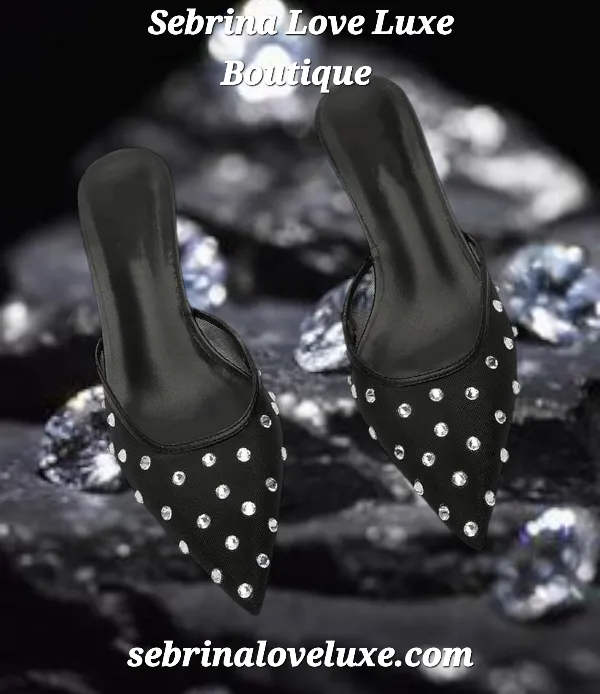 Sexy Black Rhinestone Crystal Diamante Mesh Mule Heels