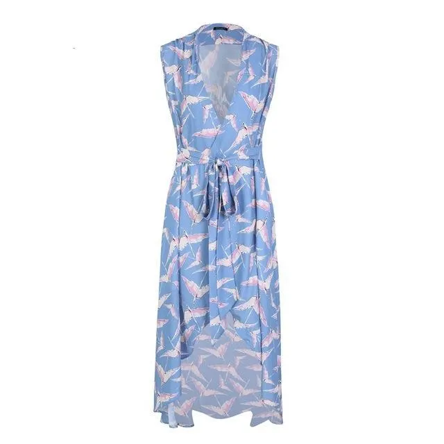 Sexy V Neck Leaf Print Boho Long Split Maxi Wrap Dress