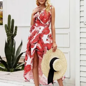 Sexy V Neck Leaf Print Boho Long Split Maxi Wrap Dress