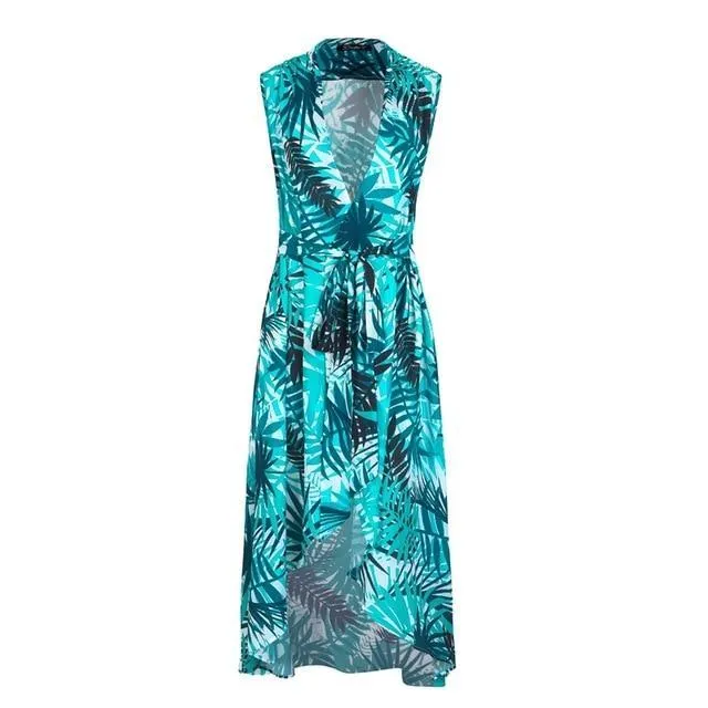 Sexy V Neck Leaf Print Boho Long Split Maxi Wrap Dress