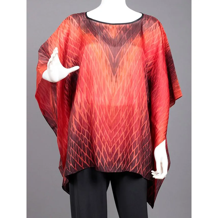 Shibori Silk Poncho SY318 in Reds and Black by Cathayana