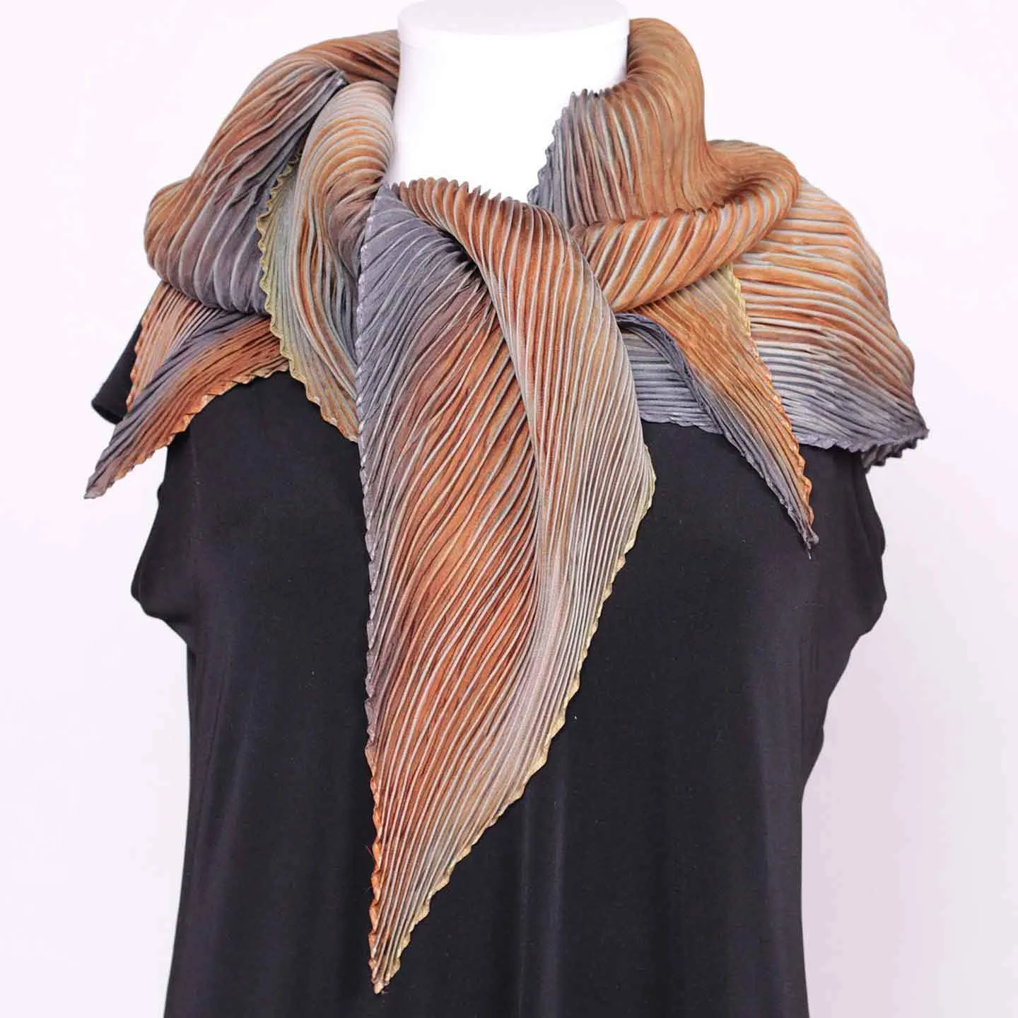 Shibori Silk Zigzag Scarf STZA304 in Gray and Brown by Cathayana