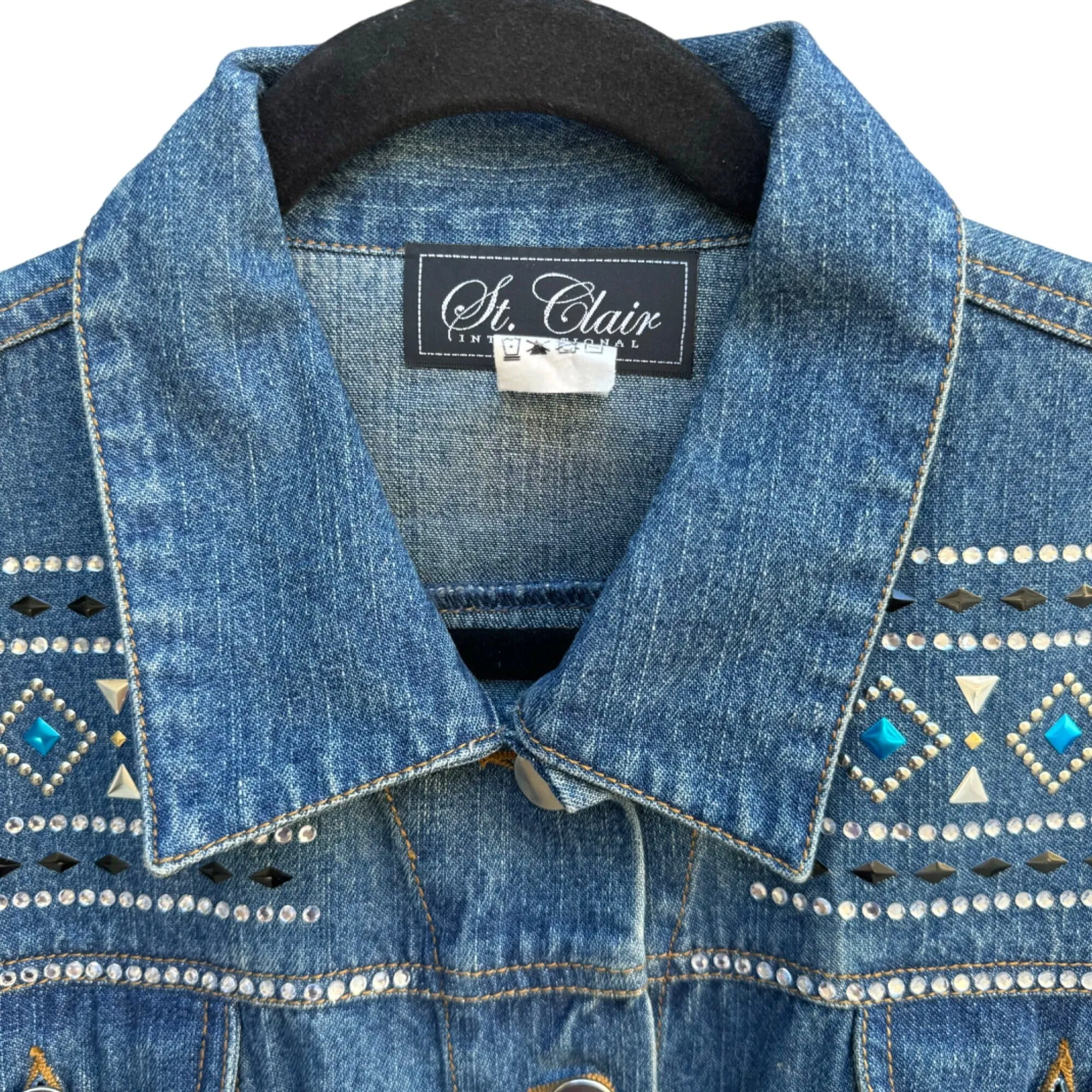 St. Clair Embellished Denim Studded Beaded Geometric Design Silver Teal Jacket L