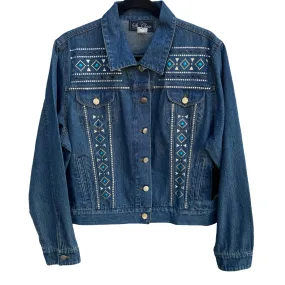 St. Clair Embellished Denim Studded Beaded Geometric Design Silver Teal Jacket L