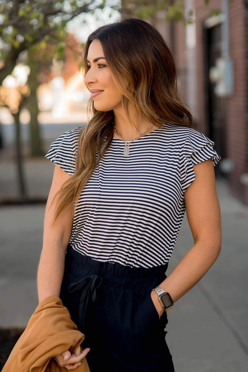 Striped Double Flutter Sleeve Tee