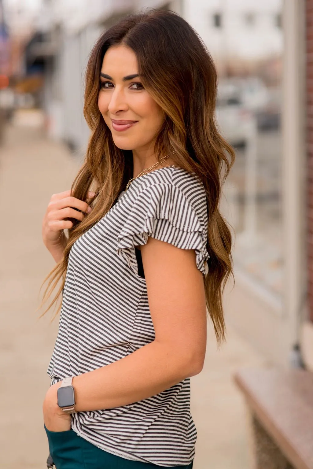 Striped Double Flutter Sleeve Tee