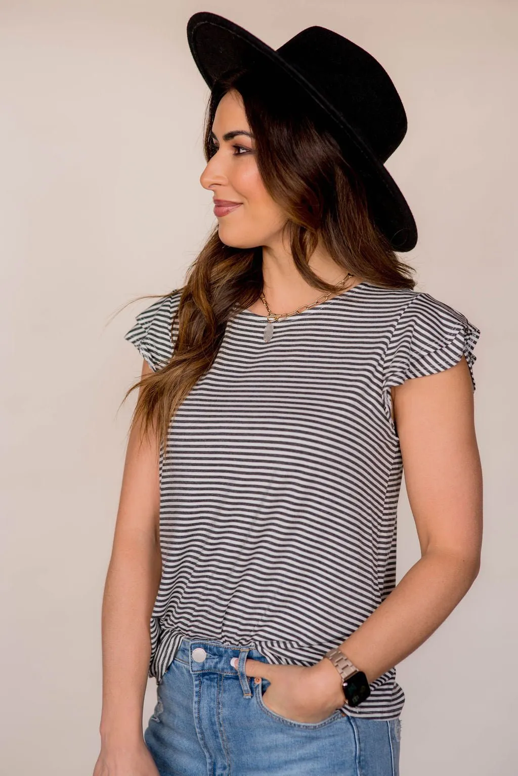 Striped Double Flutter Sleeve Tee