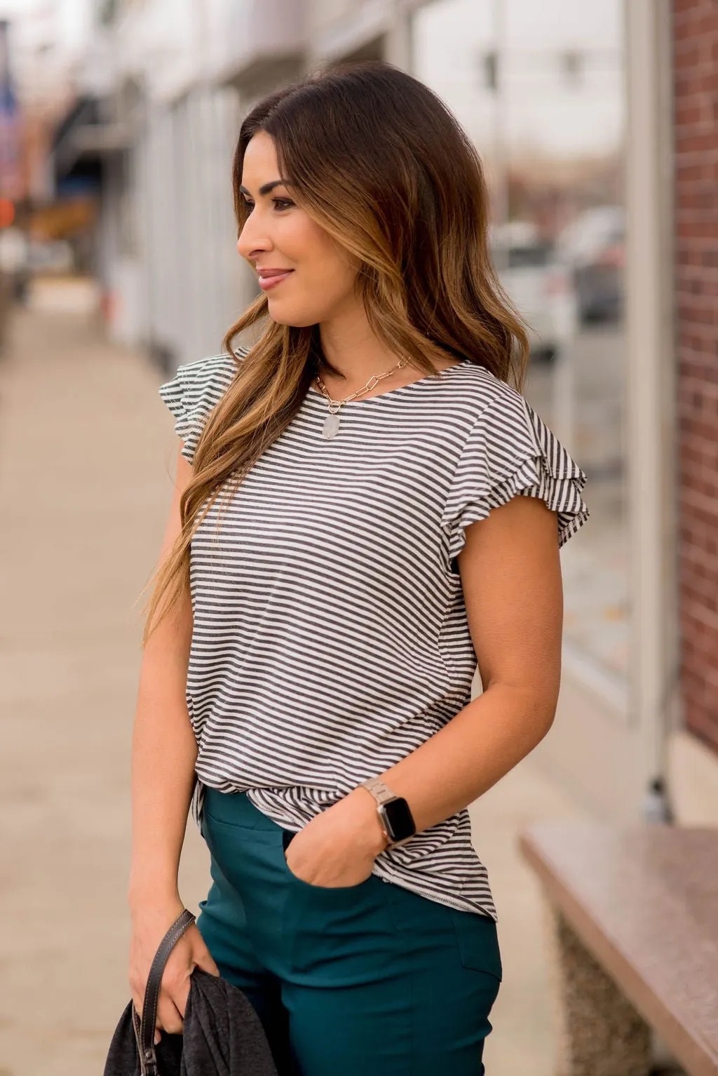 Striped Double Flutter Sleeve Tee