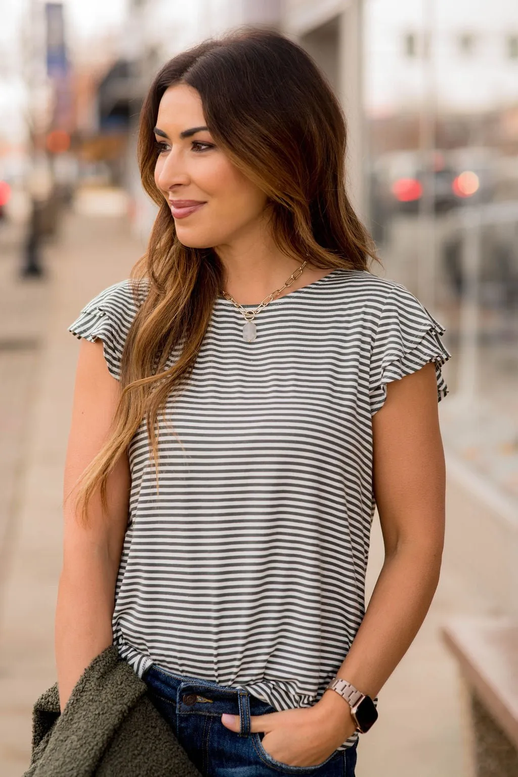 Striped Double Flutter Sleeve Tee