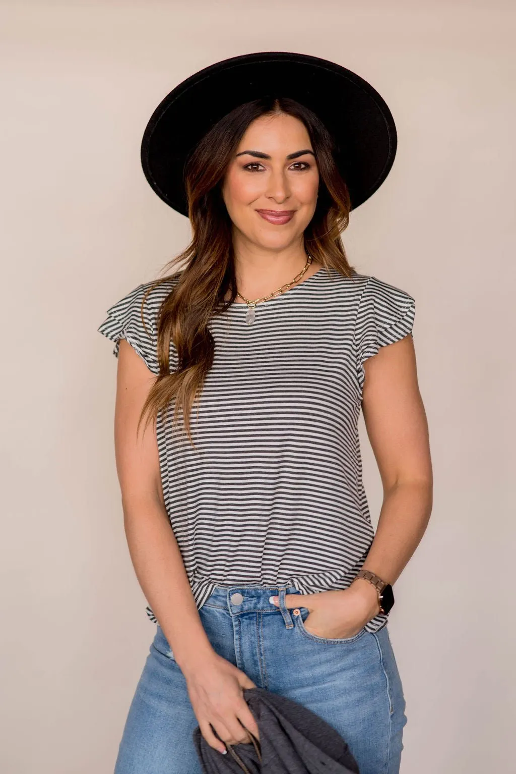 Striped Double Flutter Sleeve Tee