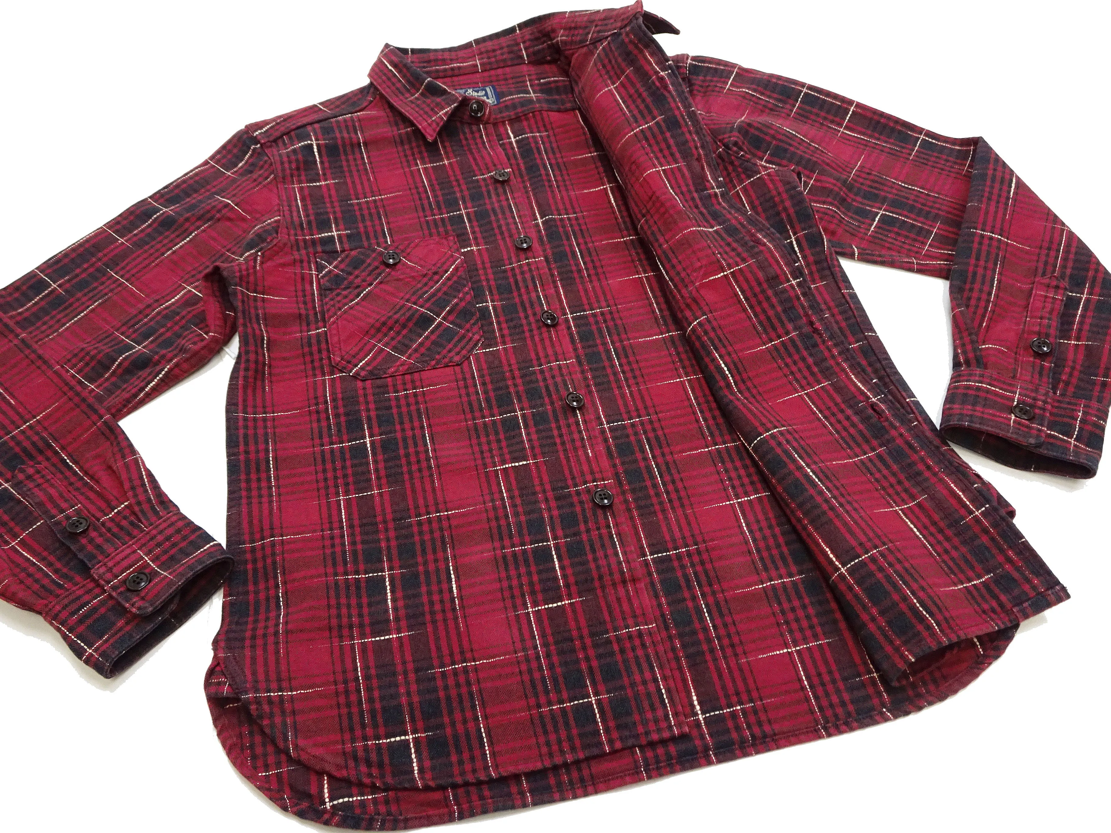 Studio D'artisan Kasuri Plaid Shirt Men's Heavyweight Long Sleeve Button Up Work Shirt 5698 Red