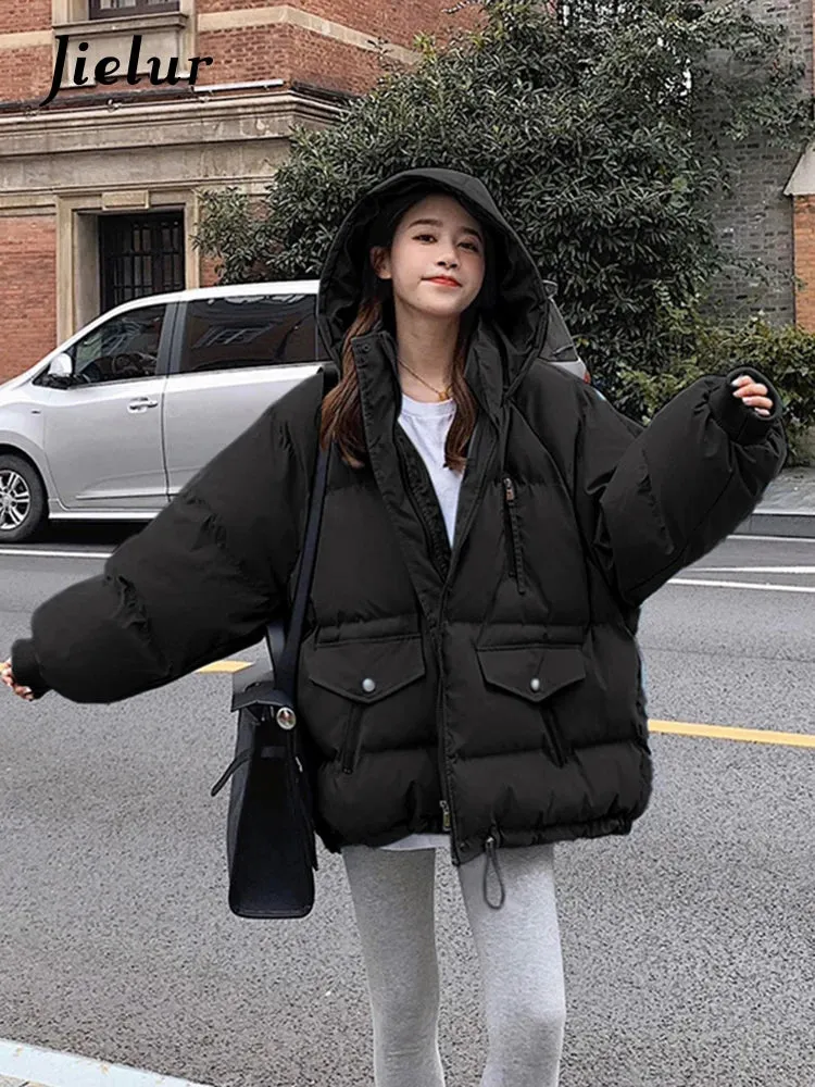 Style Bread Jackets Short Winter Jacket for Women Korean Fashion Loose Warm Black White Coat Woman Parkas Hooded S-XL