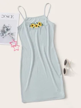 Sunflower Embroidery Rib-knit Slip Dress