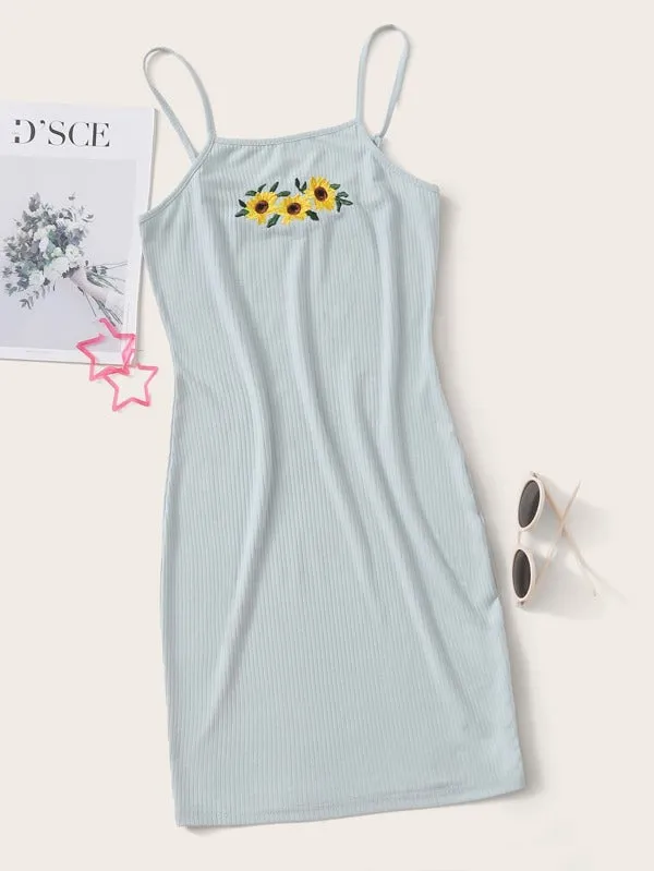 Sunflower Embroidery Rib-knit Slip Dress