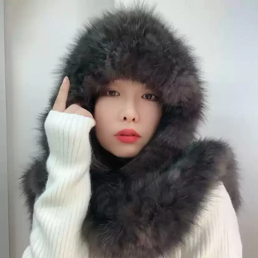 Super 5a sable hat scarf integrated wind and snow hat anti-cold single product soft dense woven handmade winter thickened women