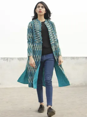 Teal Green Blue  Ivory Hand Woven Ikat Long Jacket With Stand Collar - J06F952