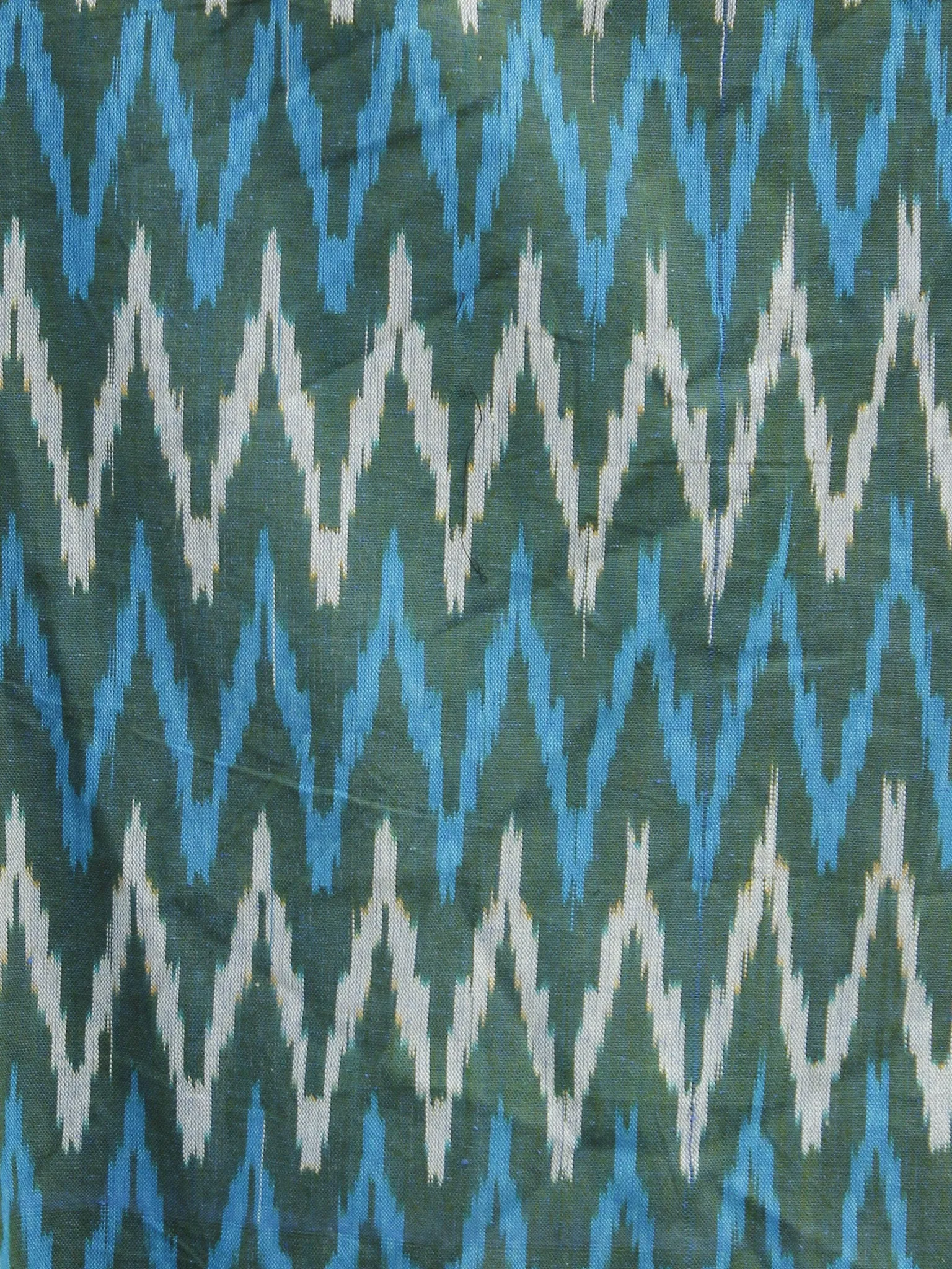 Teal Green Blue  Ivory Hand Woven Ikat Long Jacket With Stand Collar - J06F952