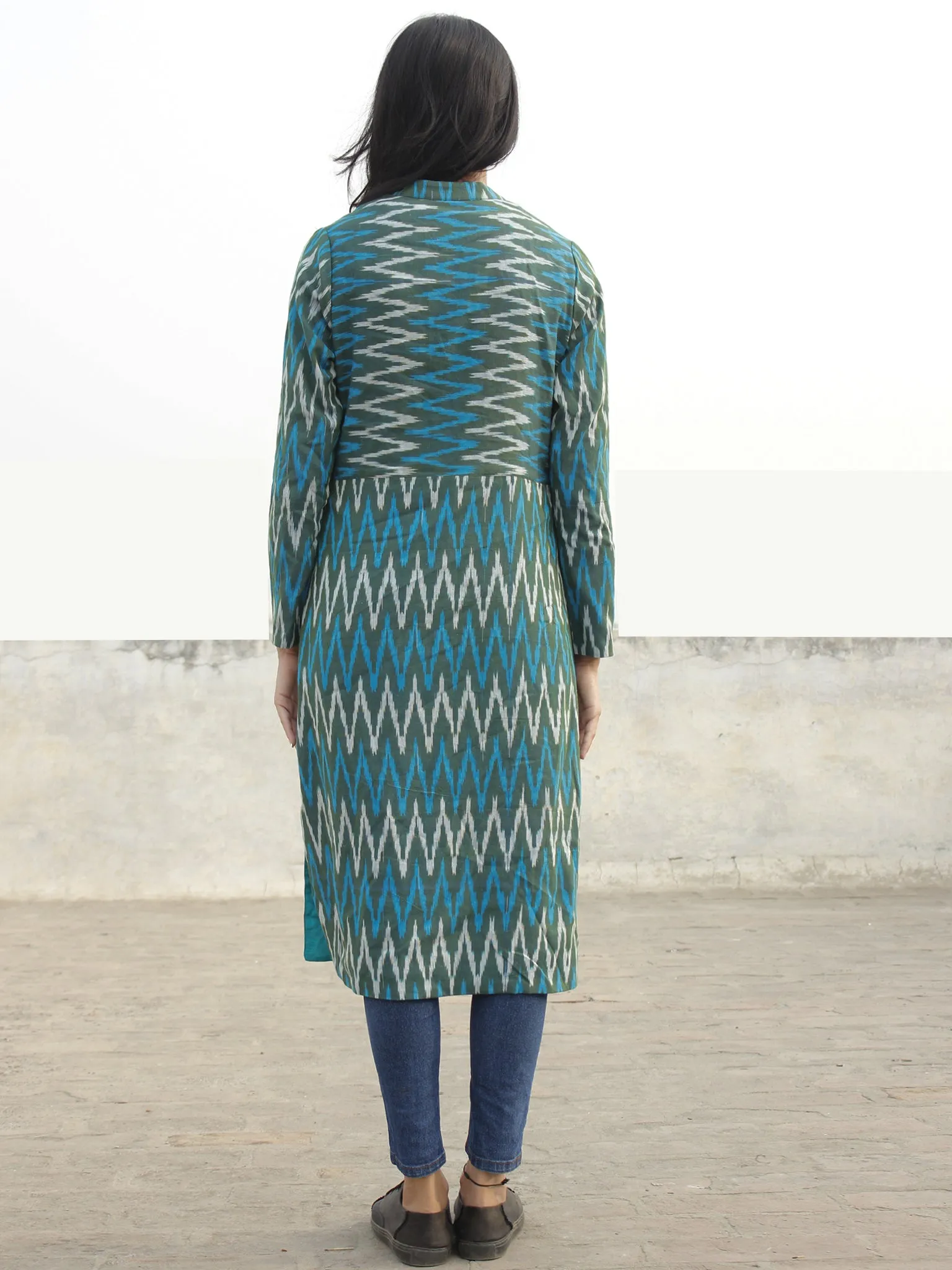 Teal Green Blue  Ivory Hand Woven Ikat Long Jacket With Stand Collar - J06F952