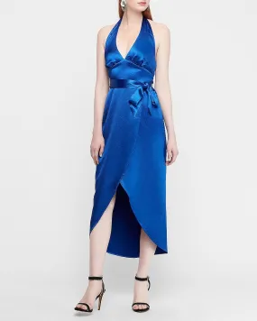 Textured Satin Wrap Hi-Lo Halter Maxi Dress in Electric Blue