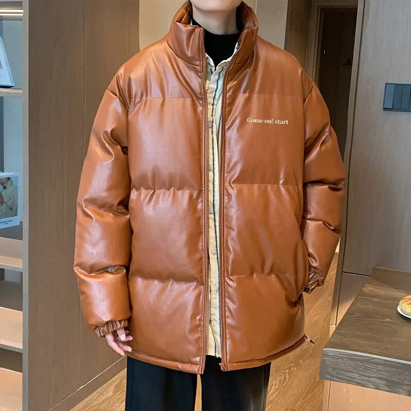 Thicken Solid Color Mens Parkas Oversized Warm Winter Leather Coats Harajuku Fashion Women Loose Cotton Padded Jackets