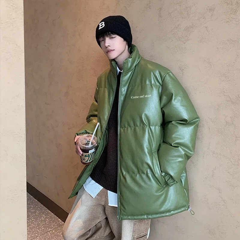 Thicken Solid Color Mens Parkas Oversized Warm Winter Leather Coats Harajuku Fashion Women Loose Cotton Padded Jackets