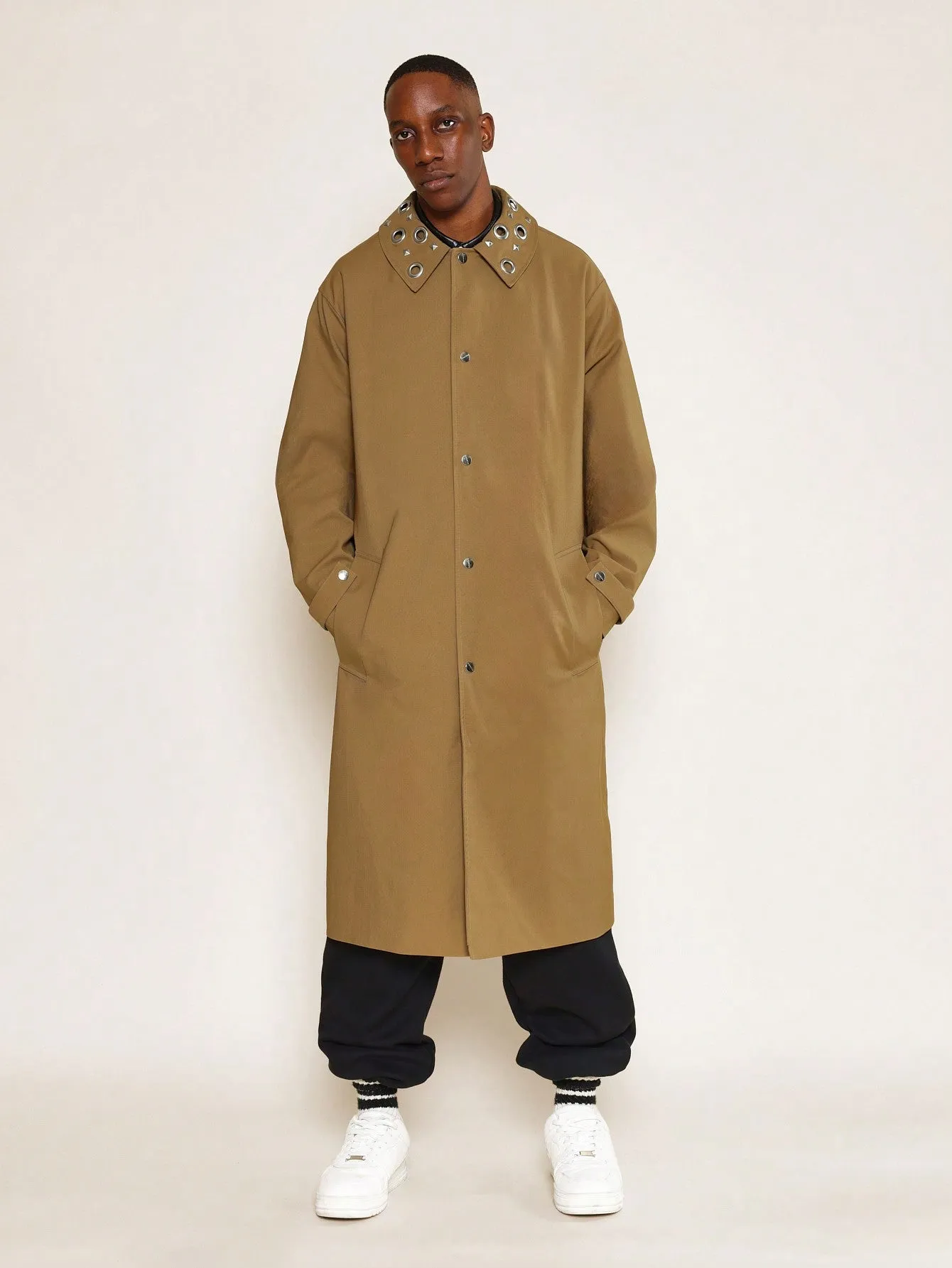 Trench Coat With Eyelets On Collar & Back Slit