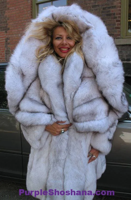 Unique Plush Solid Silver Canadian Blue Fox Fur Coat - Detachable Cape M/L