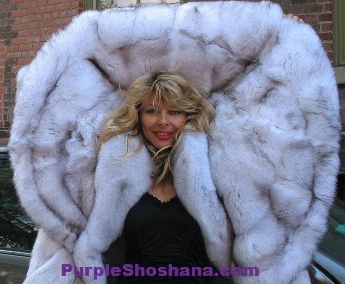 Unique Plush Solid Silver Canadian Blue Fox Fur Coat - Detachable Cape M/L