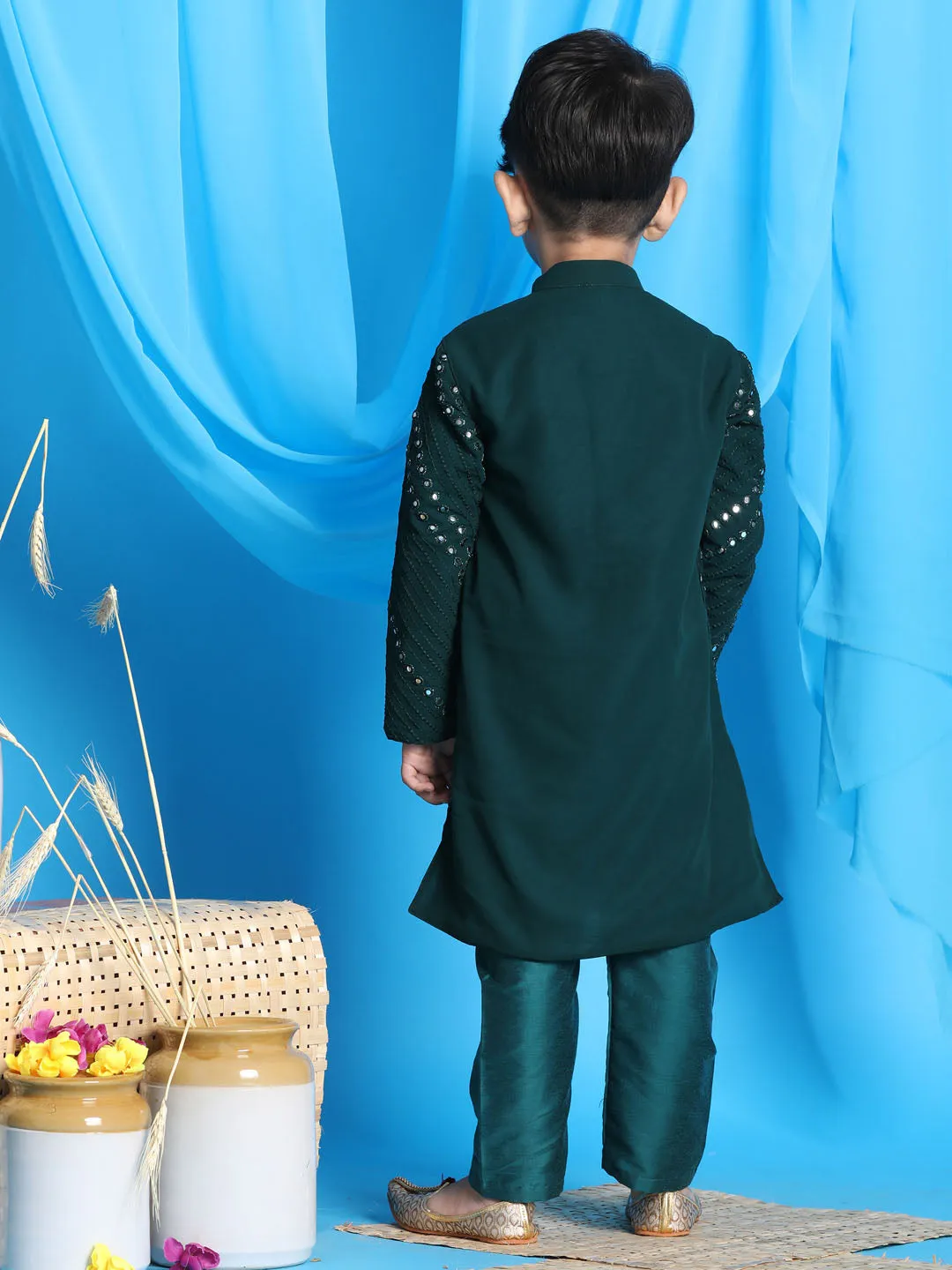 VASTRAMAY Baap Beta Mirror Green Kurta Pyjama Set