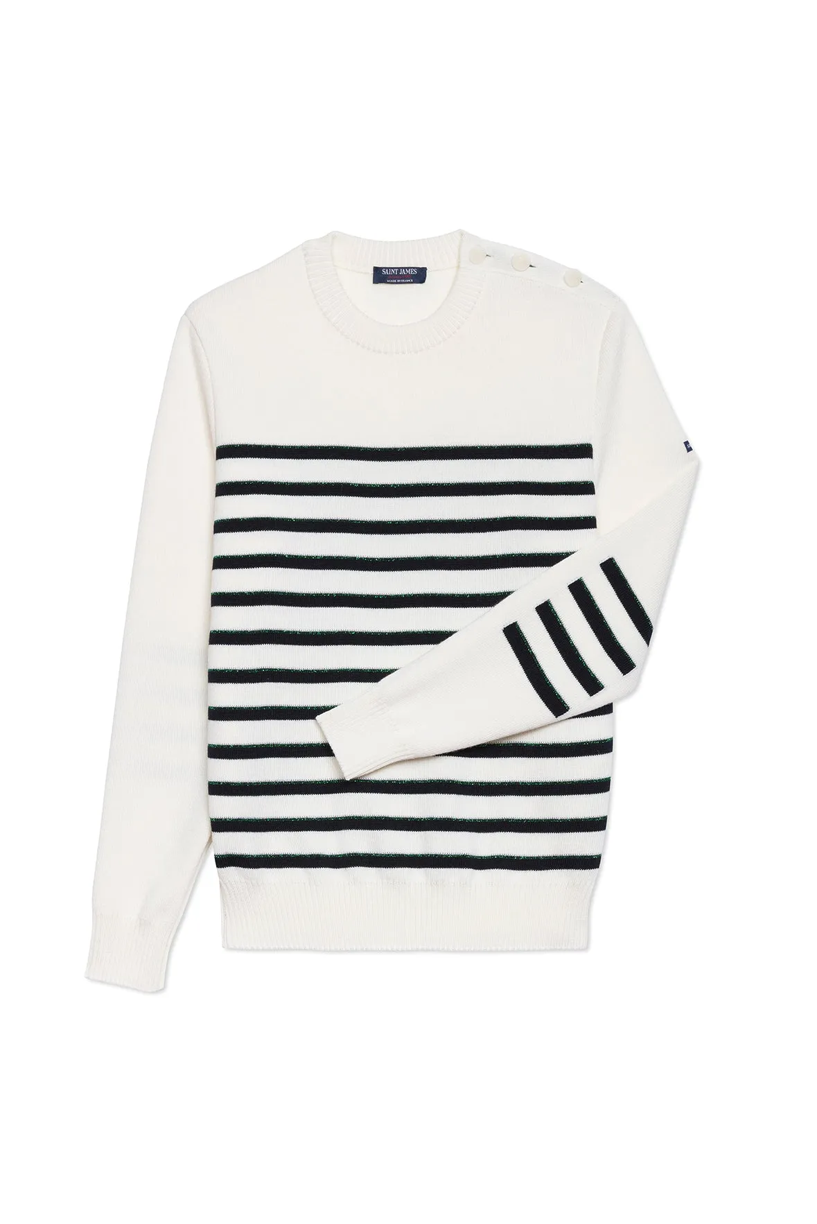 VERDON - Wool Sweater with Jacquard Elbows and Green Lurex Details (WHITE / NAVY / GREEN)