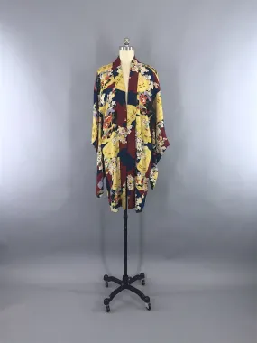 Vintage 1920s Silk Haori Kimono Cardigan / Maroon Chartreuse Fan Print