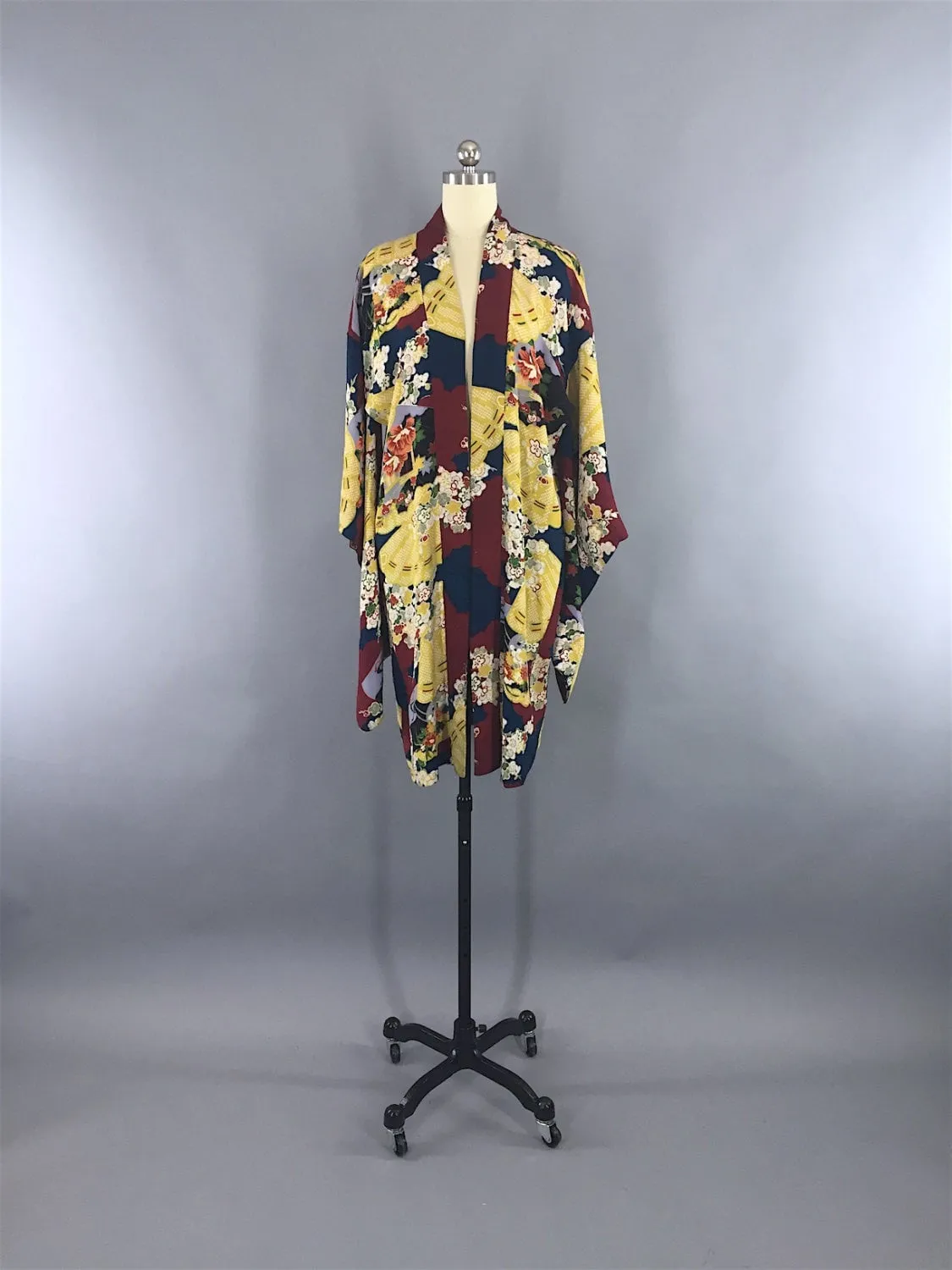 Vintage 1920s Silk Haori Kimono Cardigan / Maroon Chartreuse Fan Print