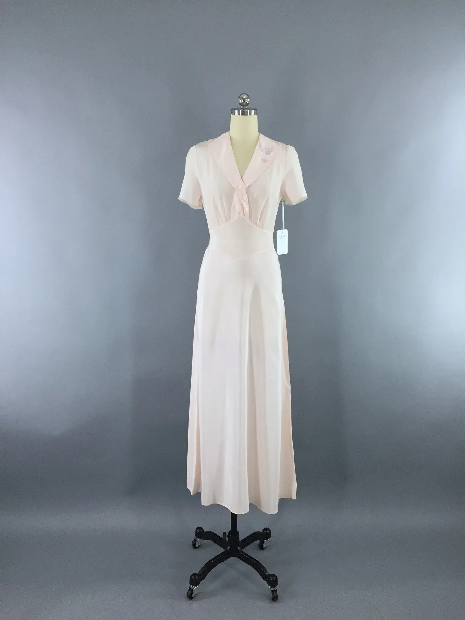 Vintage 1930s Artemis Bias Cut Pink Embroidered Rayon Crepe Nightgown