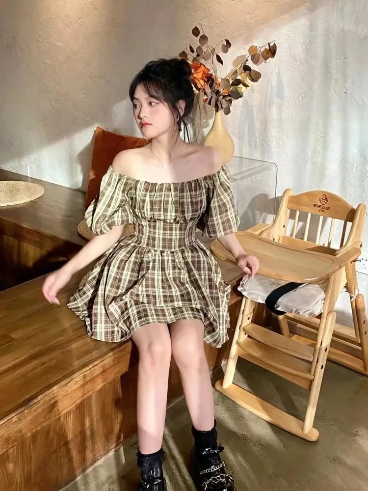 Vintage Plaid Mini Dress Women Retro Sweet Kawaii Wrap Puff Sleeve Short Dresses Summer Korean Fashion Kpop Robes