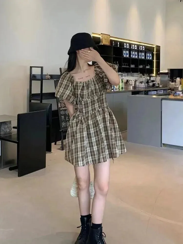 Vintage Plaid Mini Dress Women Retro Sweet Kawaii Wrap Puff Sleeve Short Dresses Summer Korean Fashion Kpop Robes