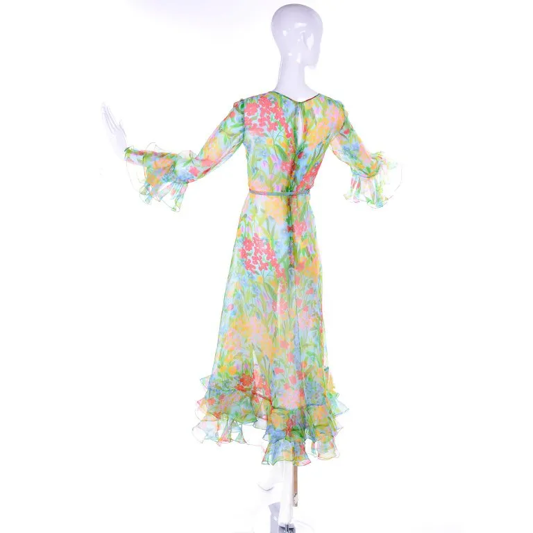 Vintage Sheer Floral Organza Dress w/ Ruffle Sleeves & Hem 4/6